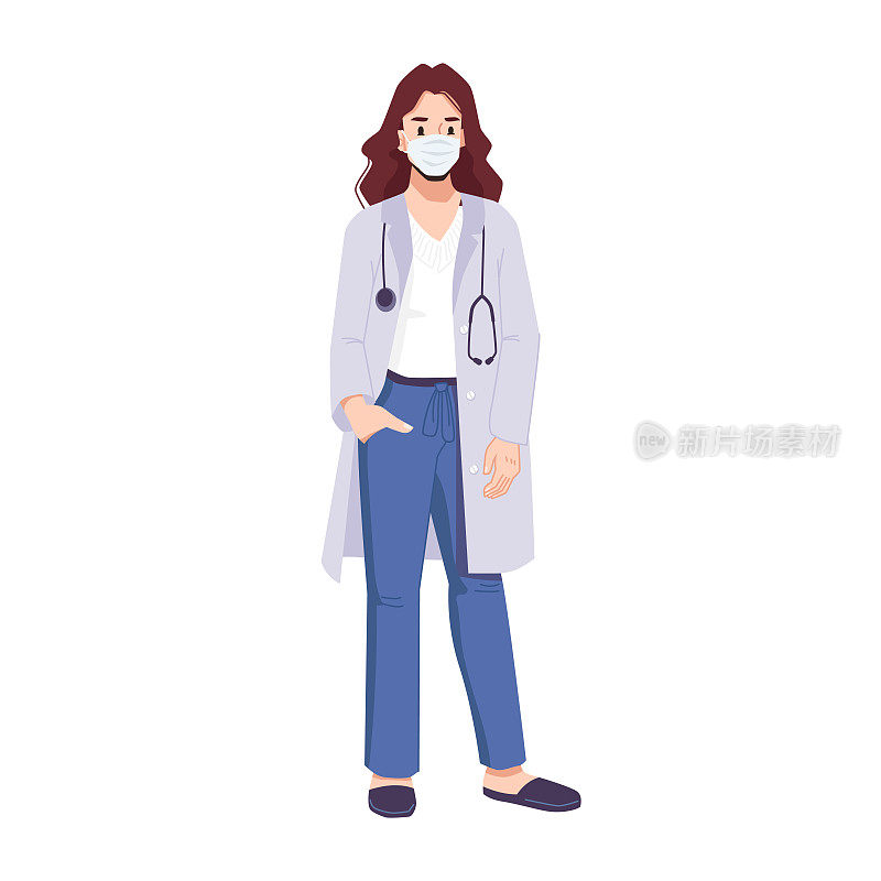 Woman doctor in mask wearing surgical medical uniform and stethoscope. Cartoon character working in hospital or clinics. Coronavirus pandemic general practitioner or family doc. Vector in flat style